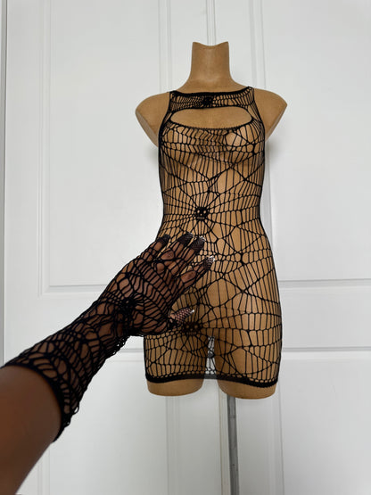 Spiderweb Fishnet Dress and Matching Gloves